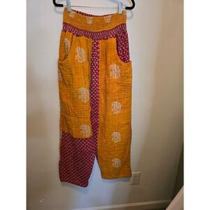 She's Oak 1 of a Kind Kantha Quilt Patchwork Pants Elephant Print Smocked Waist
